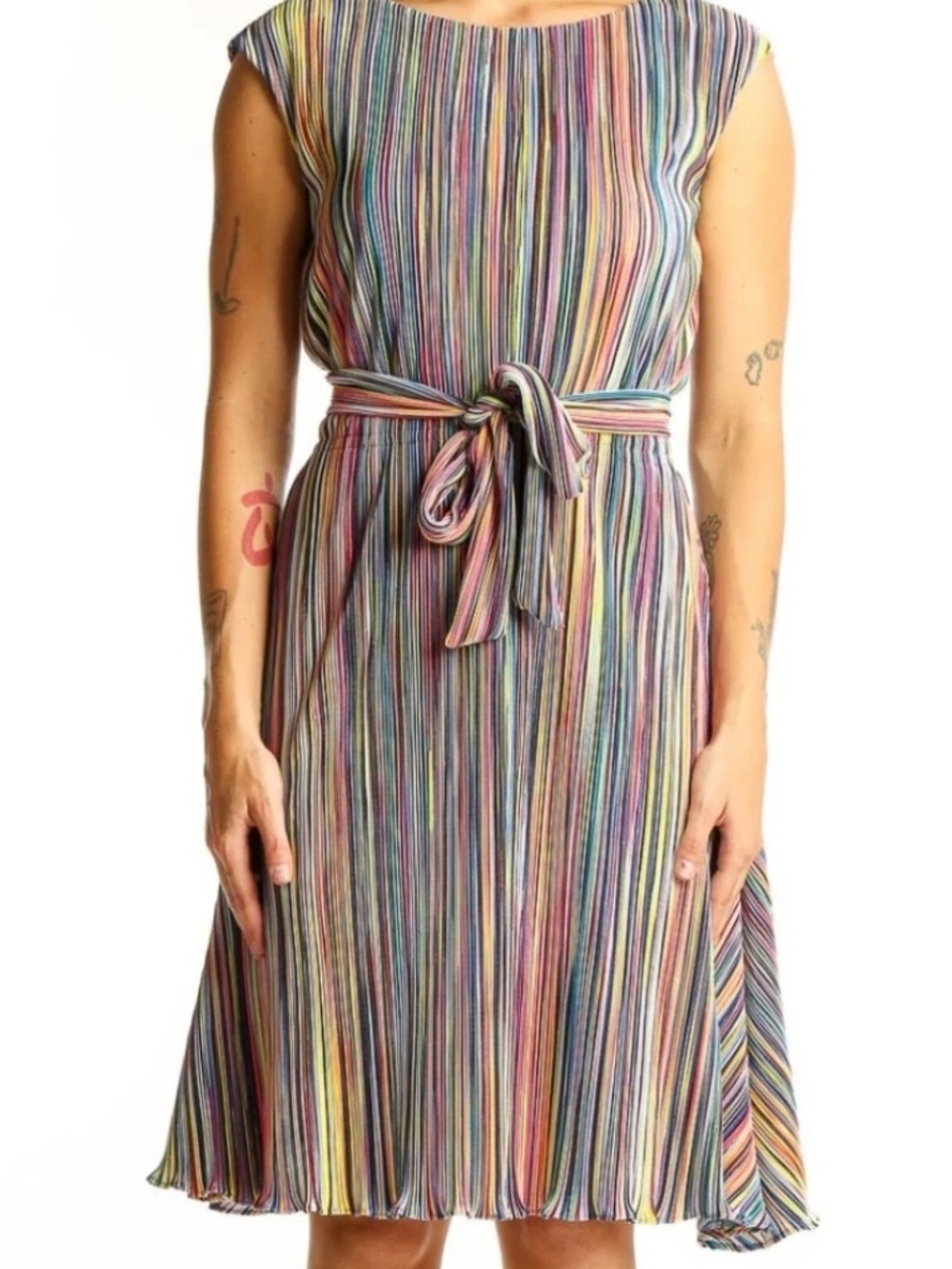 DKNY Multicolor Vertical-Stripe Tie-Waist Midi Dress, like new, size 14